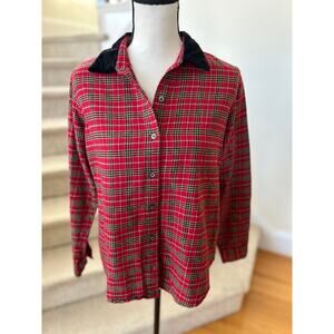 Vntg Holiday Tartan Red Plaid Flannel Long Sleeve Button Down Velvet Collar